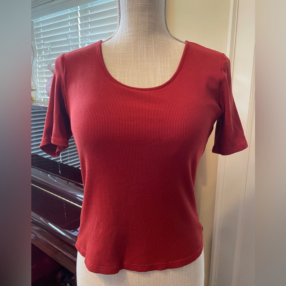 EUC FawnFit Built-In Bra Ribbed Fitted Tee. Medium. Color is Rust.